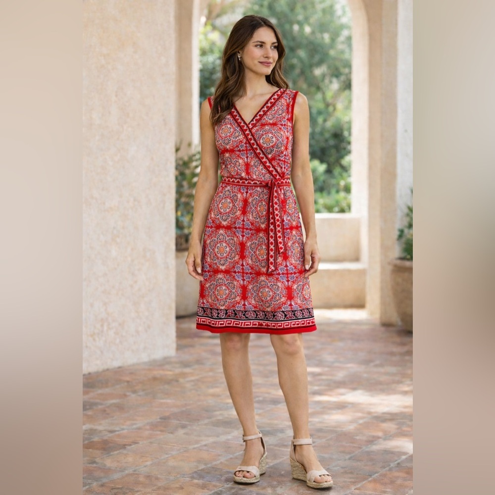 Max Studio Faux Wrap Dress Large Red Boho Medallion Print Sleeveless Knee Length